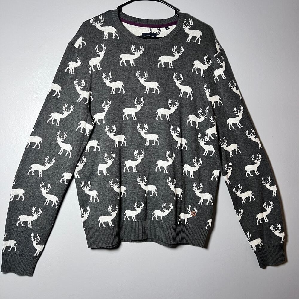 Lerros XL Reindeer Knit Sweater Gray Crewneck Winter Holiday Nordic Pullover